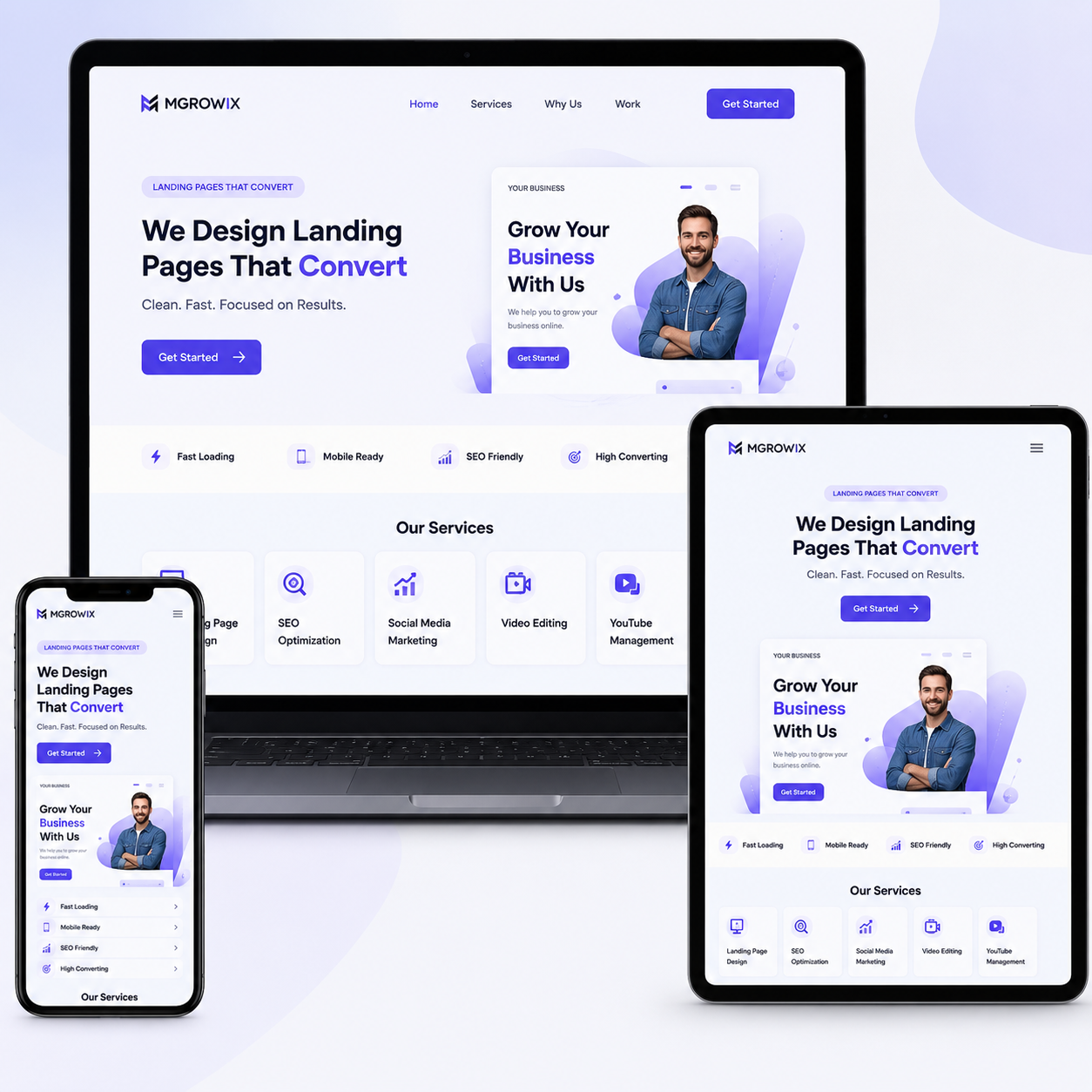 Service landing page design by Mgrowix with a responsive, high-converting landing page mockup.